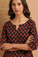 Janasya Women's Black Cotton Floral Print Regular Top | Grocsy