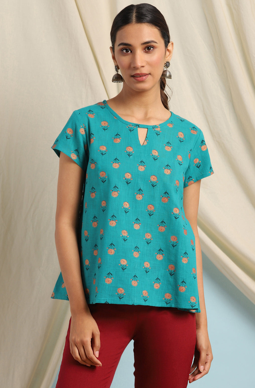 Janasya Women's Teal Cotton Slub Floral Print Regular Top | Grocsy