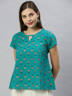Janasya Women's Teal Cotton Slub Floral Print Regular Top | Grocsy