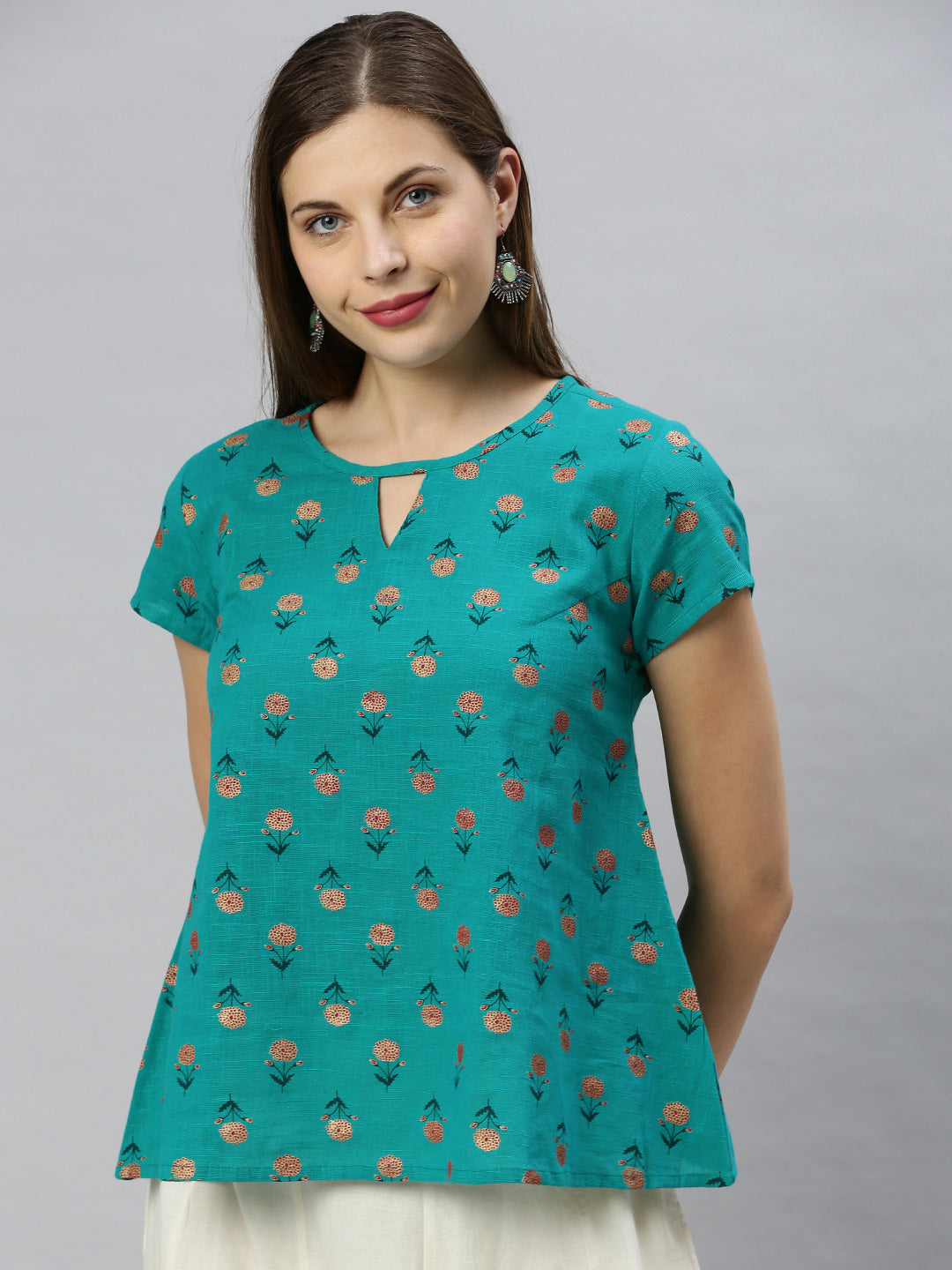 Janasya Women's Teal Cotton Slub Floral Print Regular Top | Grocsy