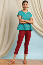 Janasya Women's Teal Cotton Slub Floral Print Regular Top | Grocsy