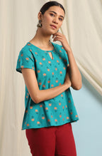 Janasya Women's Teal Cotton Slub Floral Print Regular Top | Grocsy