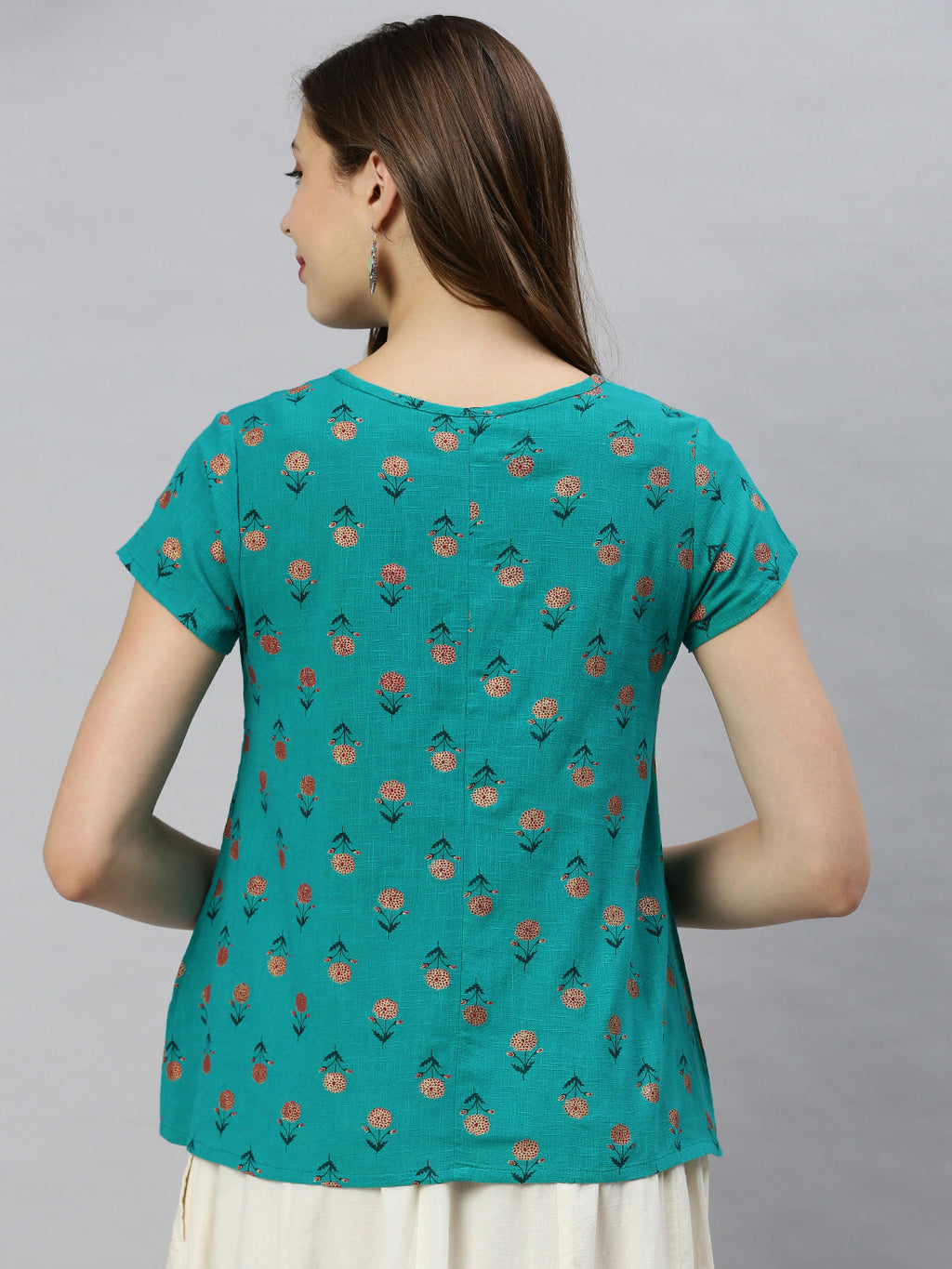 Janasya Women's Teal Cotton Slub Floral Print Regular Top | Grocsy