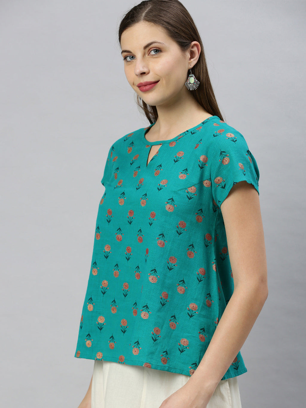 Janasya Women's Teal Cotton Slub Floral Print Regular Top | Grocsy