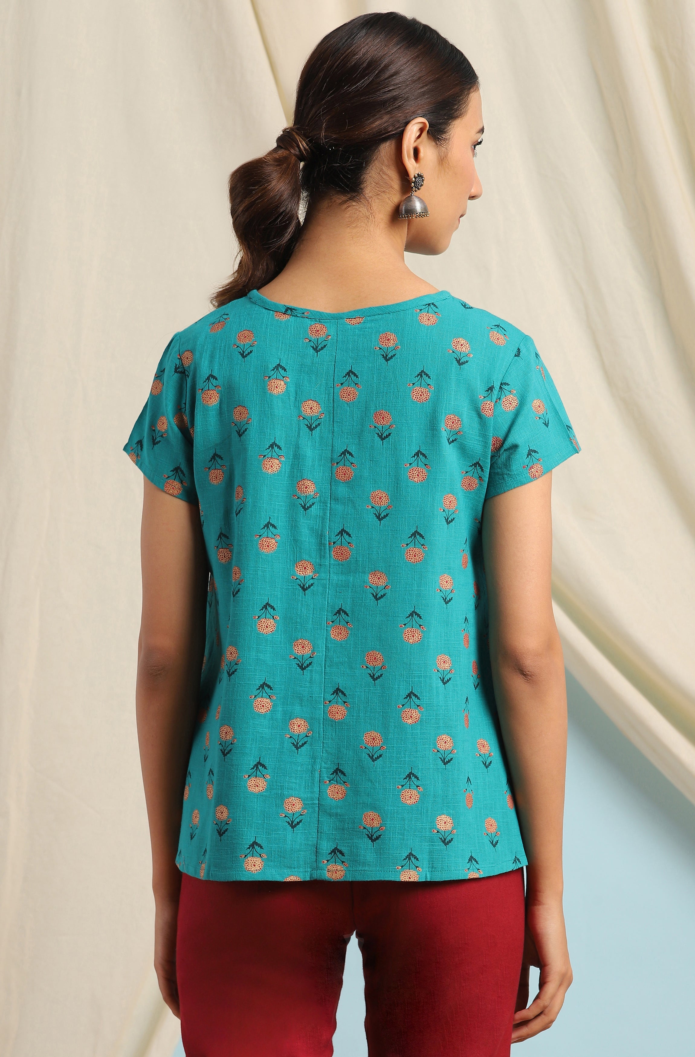 Janasya Women's Teal Cotton Slub Floral Print Regular Top | Grocsy