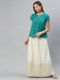Janasya Women's Teal Cotton Slub Floral Print Regular Top | Grocsy