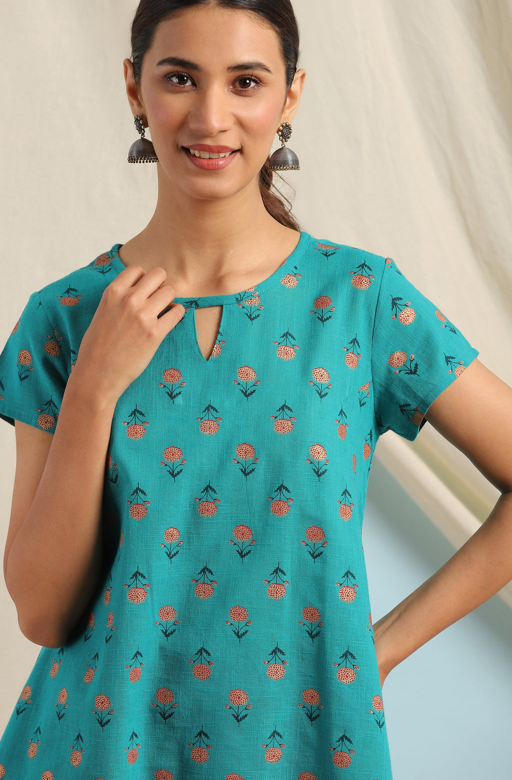Janasya Women's Teal Cotton Slub Floral Print Regular Top | Grocsy