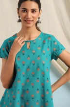 Janasya Women's Teal Cotton Slub Floral Print Regular Top | Grocsy