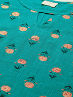 Janasya Women's Teal Cotton Slub Floral Print Regular Top | Grocsy