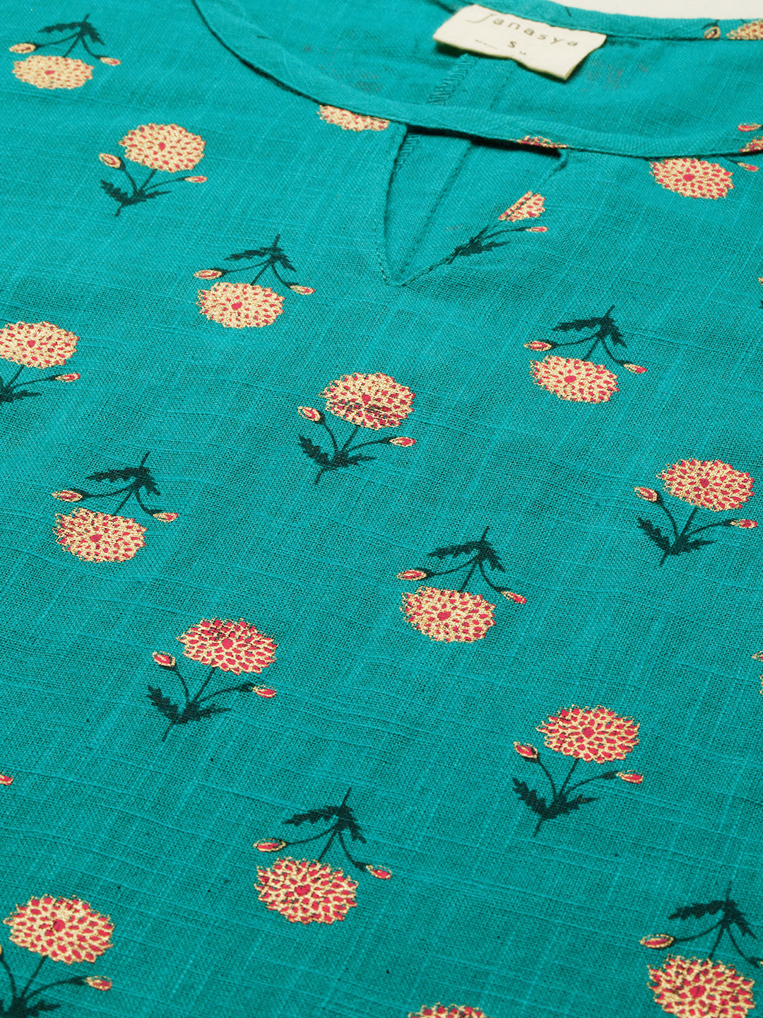 Janasya Women's Teal Cotton Slub Floral Print Regular Top | Grocsy