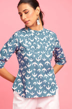 Janasya Women's Blue Cotton Animal Print Regular Top | Grocsy