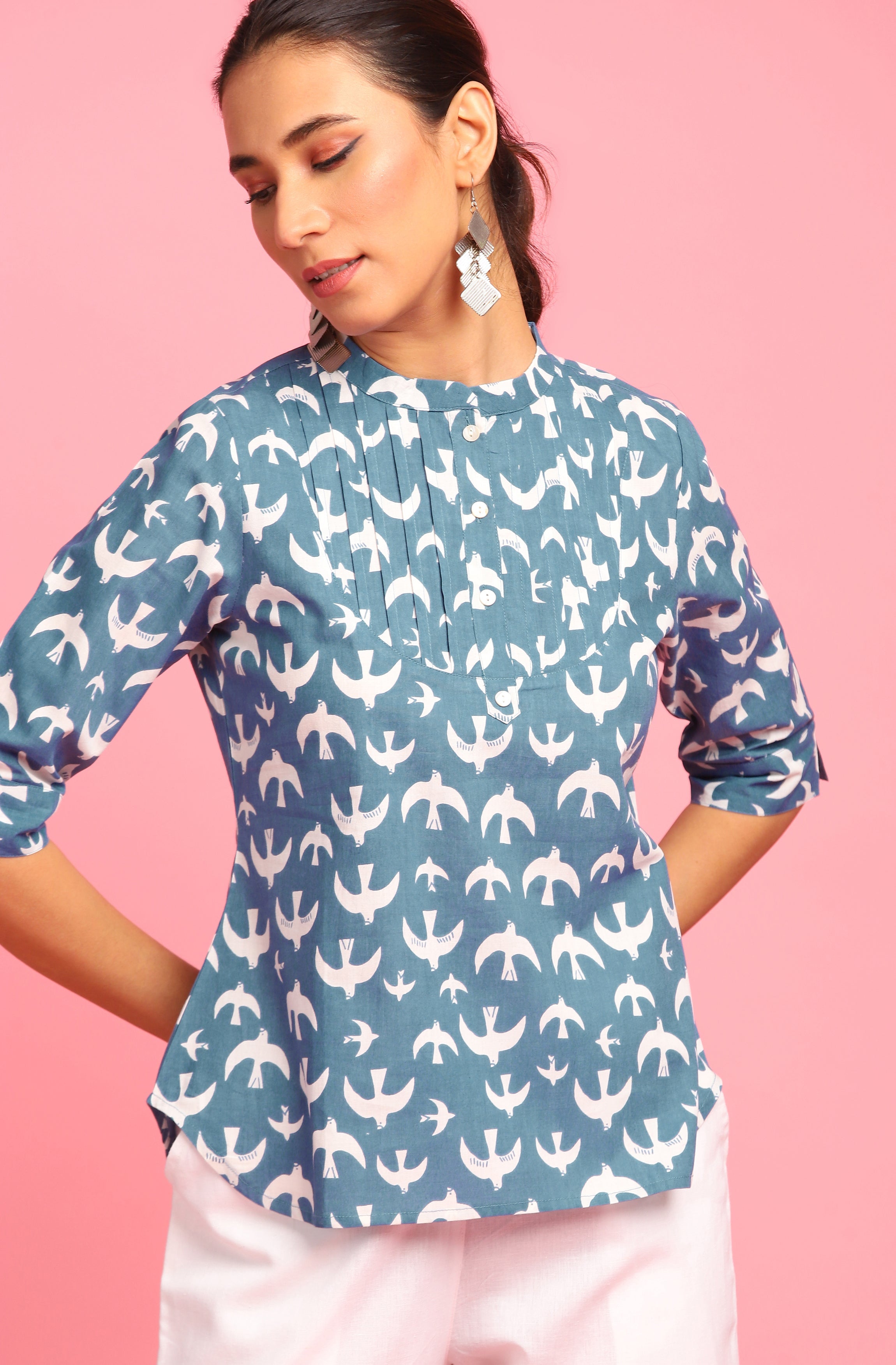 Janasya Women's Blue Cotton Animal Print Regular Top | Grocsy