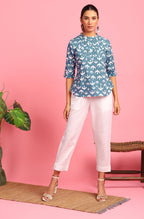 Janasya Women's Blue Cotton Animal Print Regular Top | Grocsy