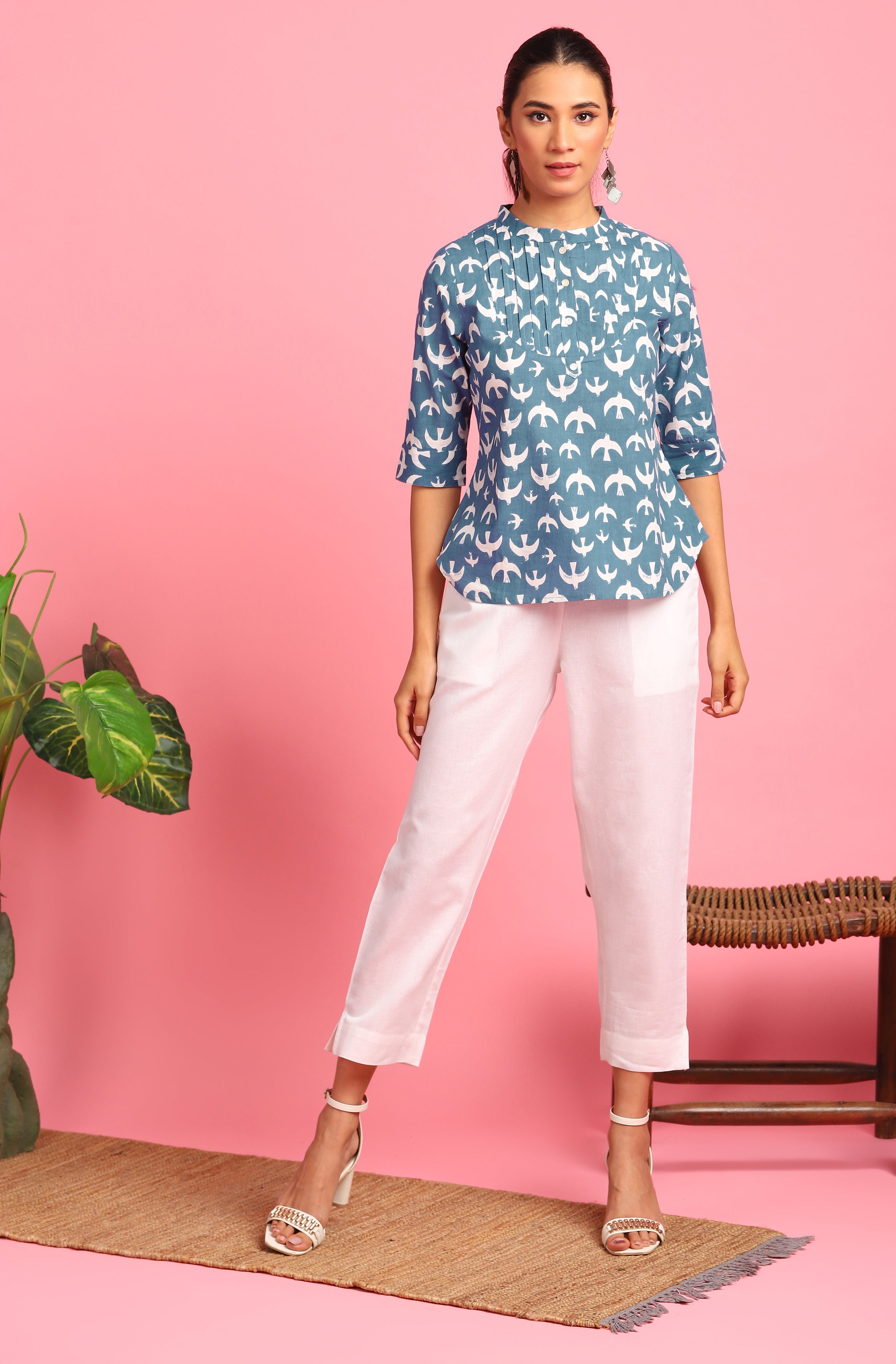 Janasya Women's Blue Cotton Animal Print Regular Top | Grocsy