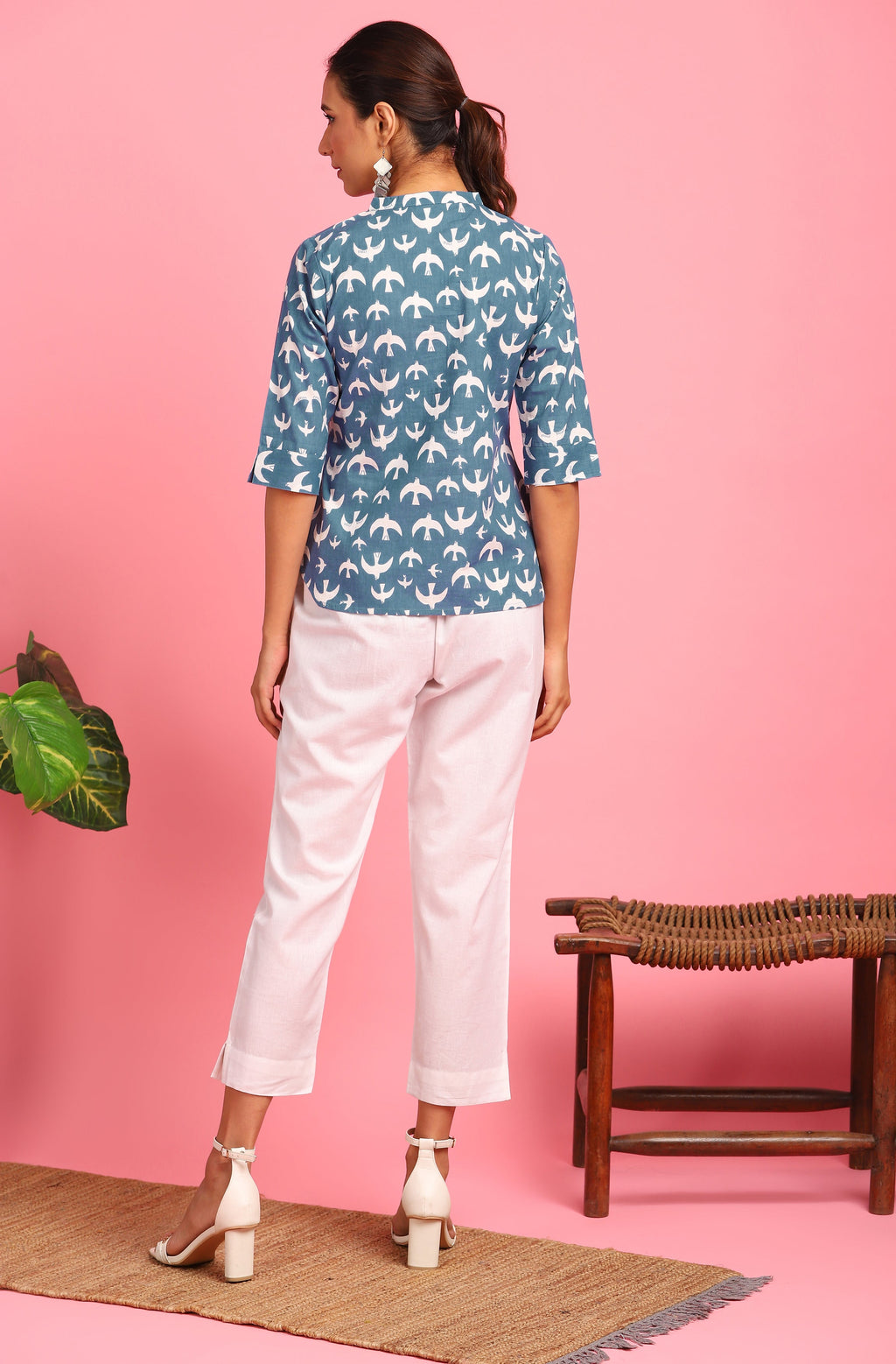 Janasya Women's Blue Cotton Animal Print Regular Top | Grocsy
