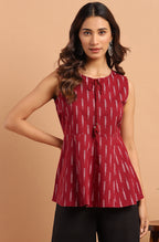 Janasya Women's Maroon Cotton Geometric Print Peplum Top | Grocsy