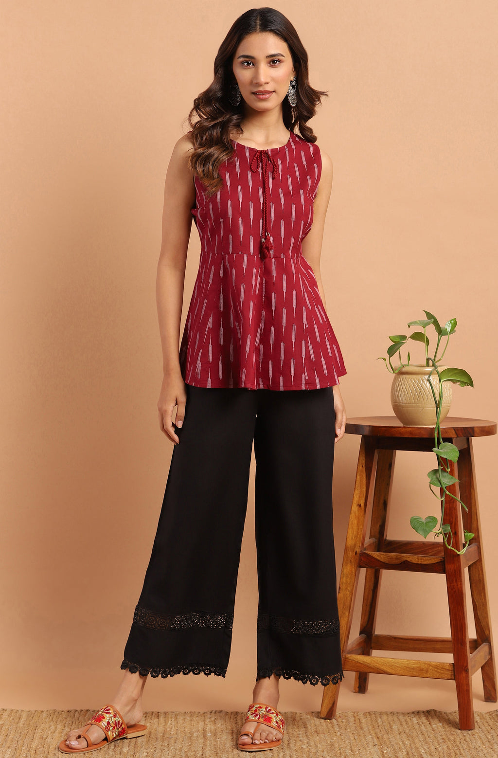 Janasya Women's Maroon Cotton Geometric Print Peplum Top | Grocsy