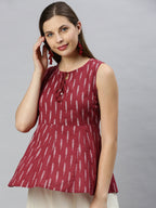 Janasya Women's Maroon Cotton Geometric Print Peplum Top | Grocsy