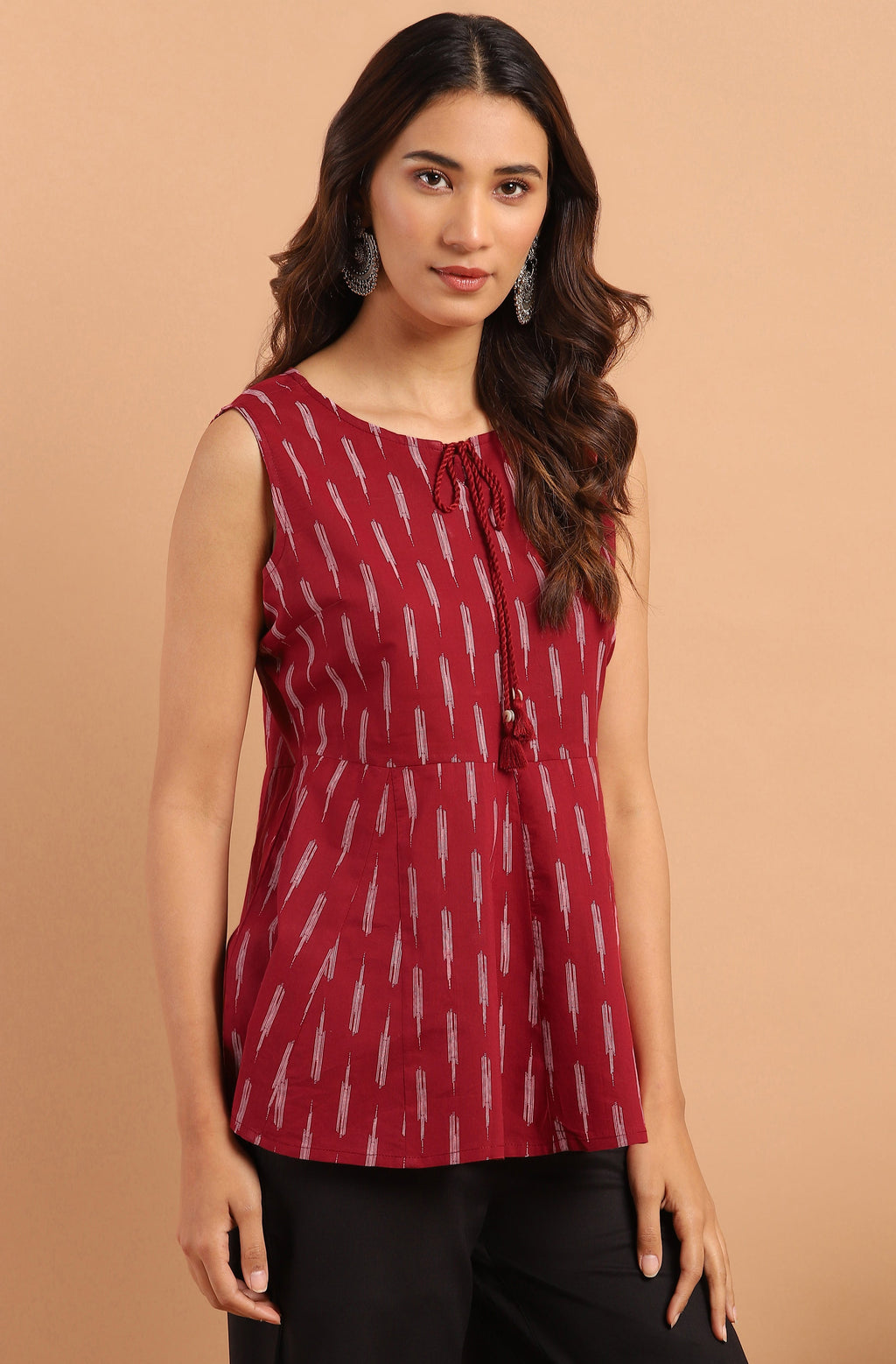 Janasya Women's Maroon Cotton Geometric Print Peplum Top | Grocsy