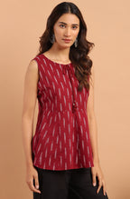 Janasya Women's Maroon Cotton Geometric Print Peplum Top | Grocsy