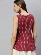 Janasya Women's Maroon Cotton Geometric Print Peplum Top | Grocsy