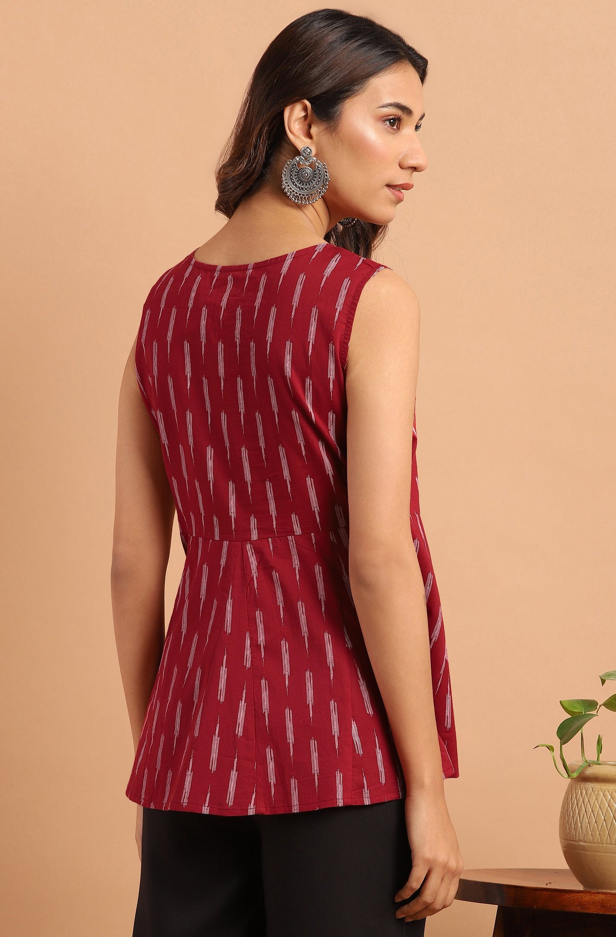 Janasya Women's Maroon Cotton Geometric Print Peplum Top | Grocsy