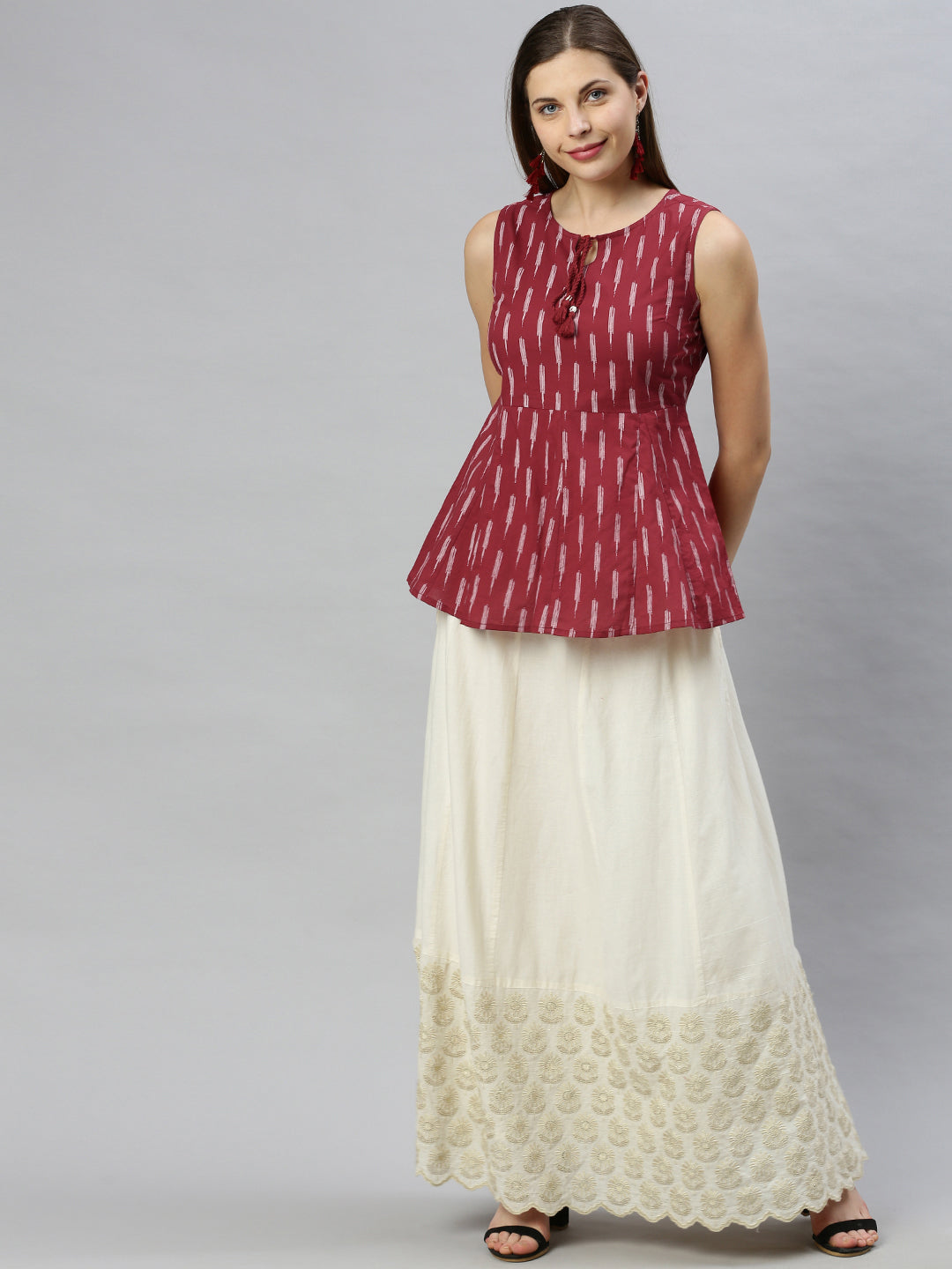 Janasya Women's Maroon Cotton Geometric Print Peplum Top | Grocsy