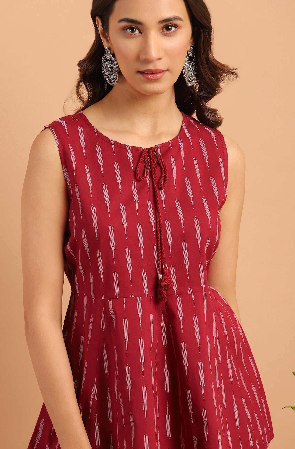 Janasya Women's Maroon Cotton Geometric Print Peplum Top | Grocsy