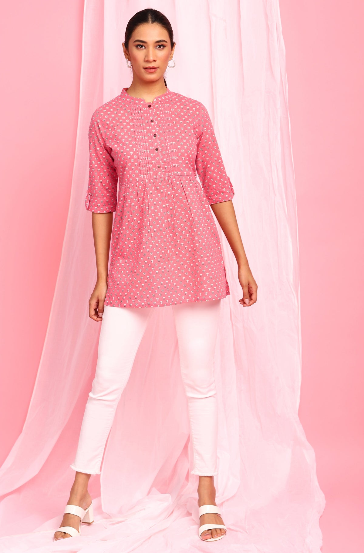 Janasya Women's Pink Cotton Floral Print Empire Waist Tunic | Grocsy