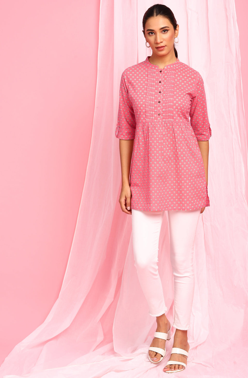 Janasya Women's Pink Cotton Floral Print Empire Waist Tunic | Grocsy