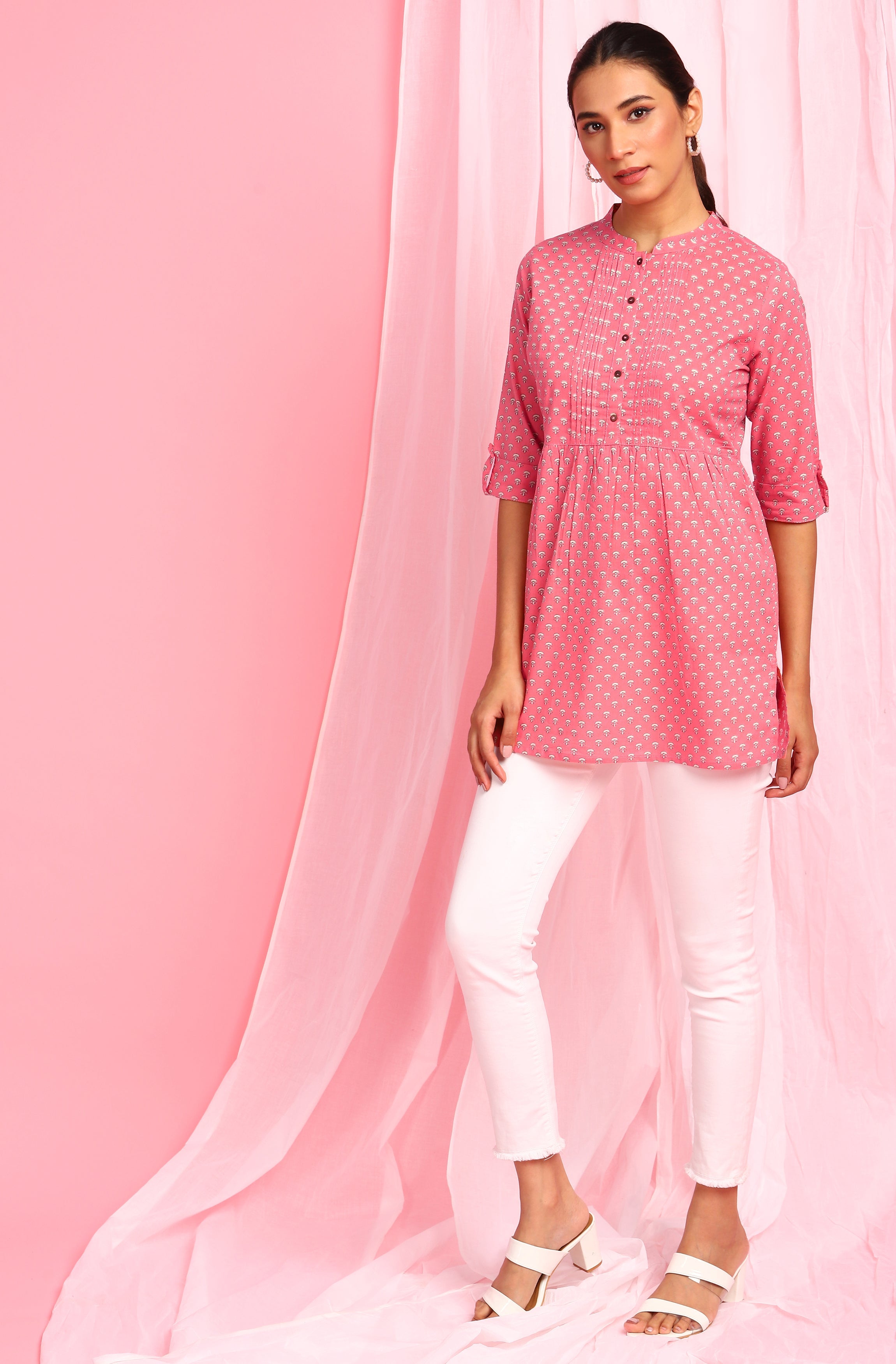 Janasya Women's Pink Cotton Floral Print Empire Waist Tunic | Grocsy