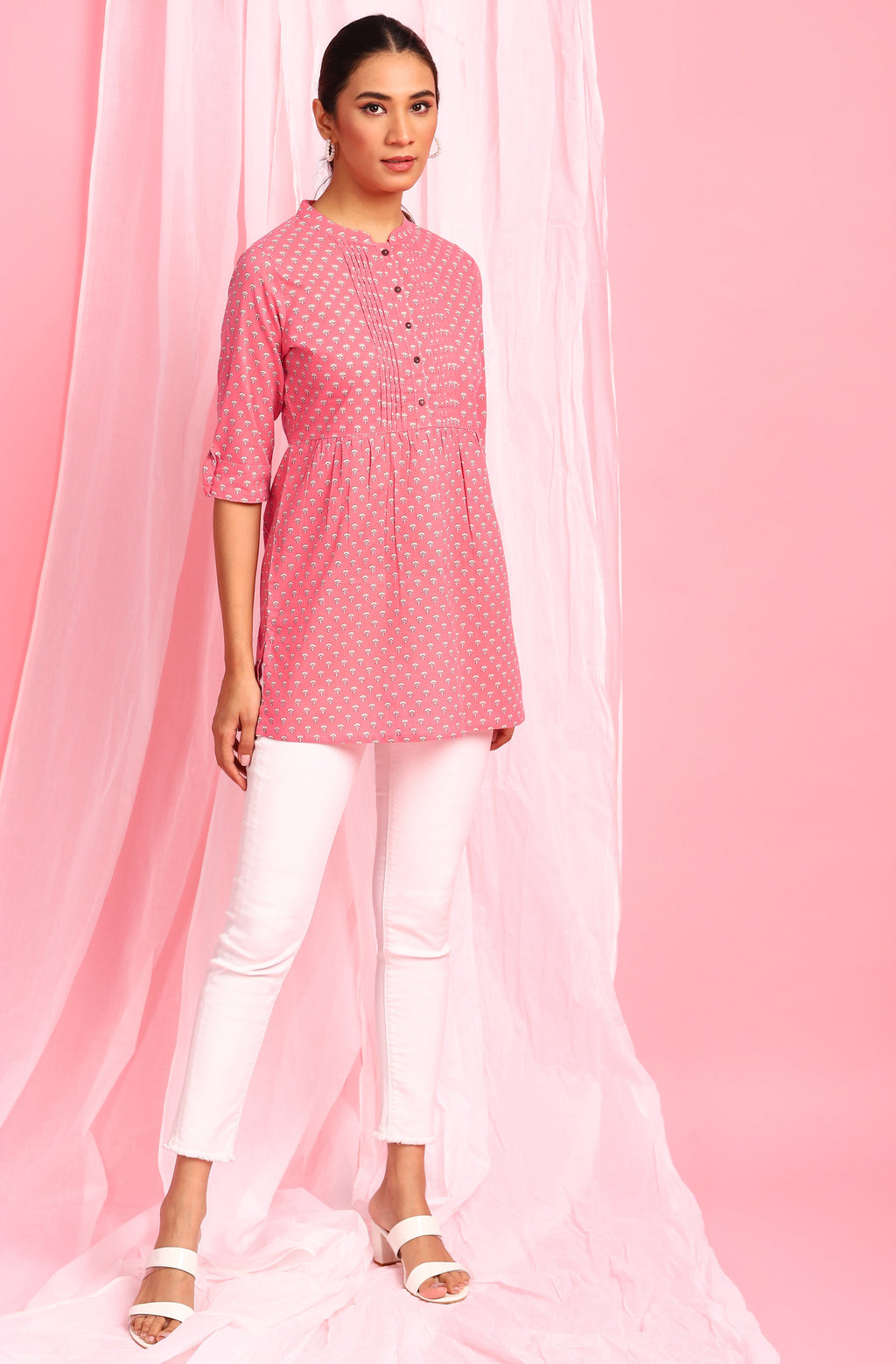 Janasya Women's Pink Cotton Floral Print Empire Waist Tunic | Grocsy