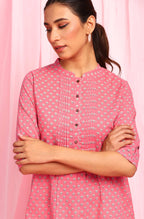 Janasya Women's Pink Cotton Floral Print Empire Waist Tunic | Grocsy