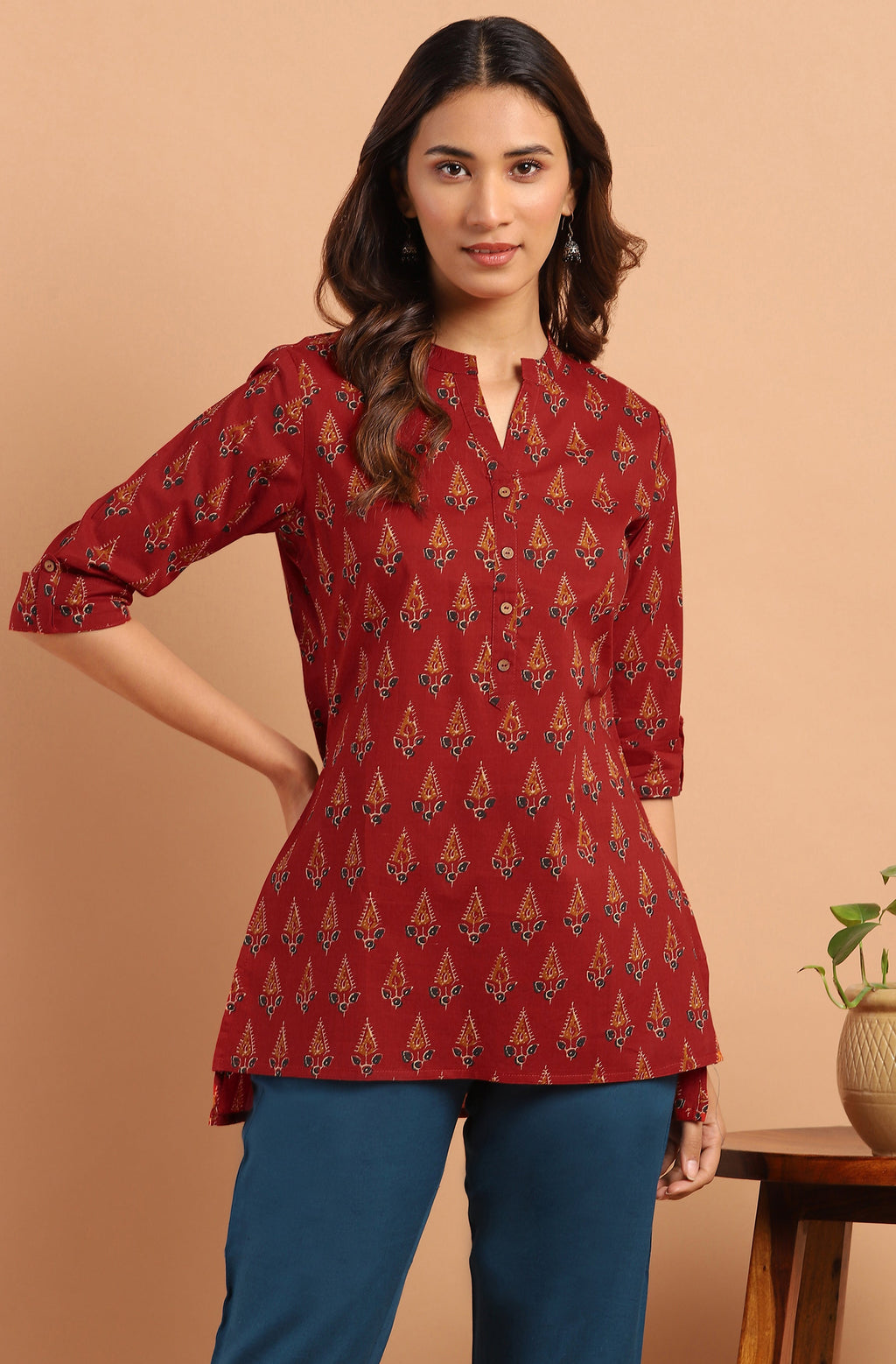 Janasya Women's Red Cotton Ethnic Motifs Straight Tunic | Grocsy