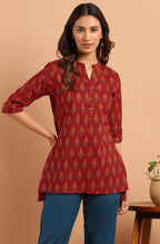 Janasya Women's Red Cotton Ethnic Motifs Straight Tunic | Grocsy