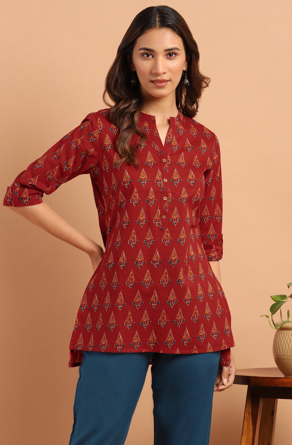 Janasya Women's Red Cotton Ethnic Motifs Straight Tunic | Grocsy
