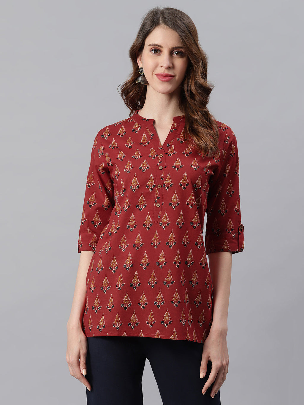 Janasya Women's Red Cotton Ethnic Motifs Straight Tunic | Grocsy