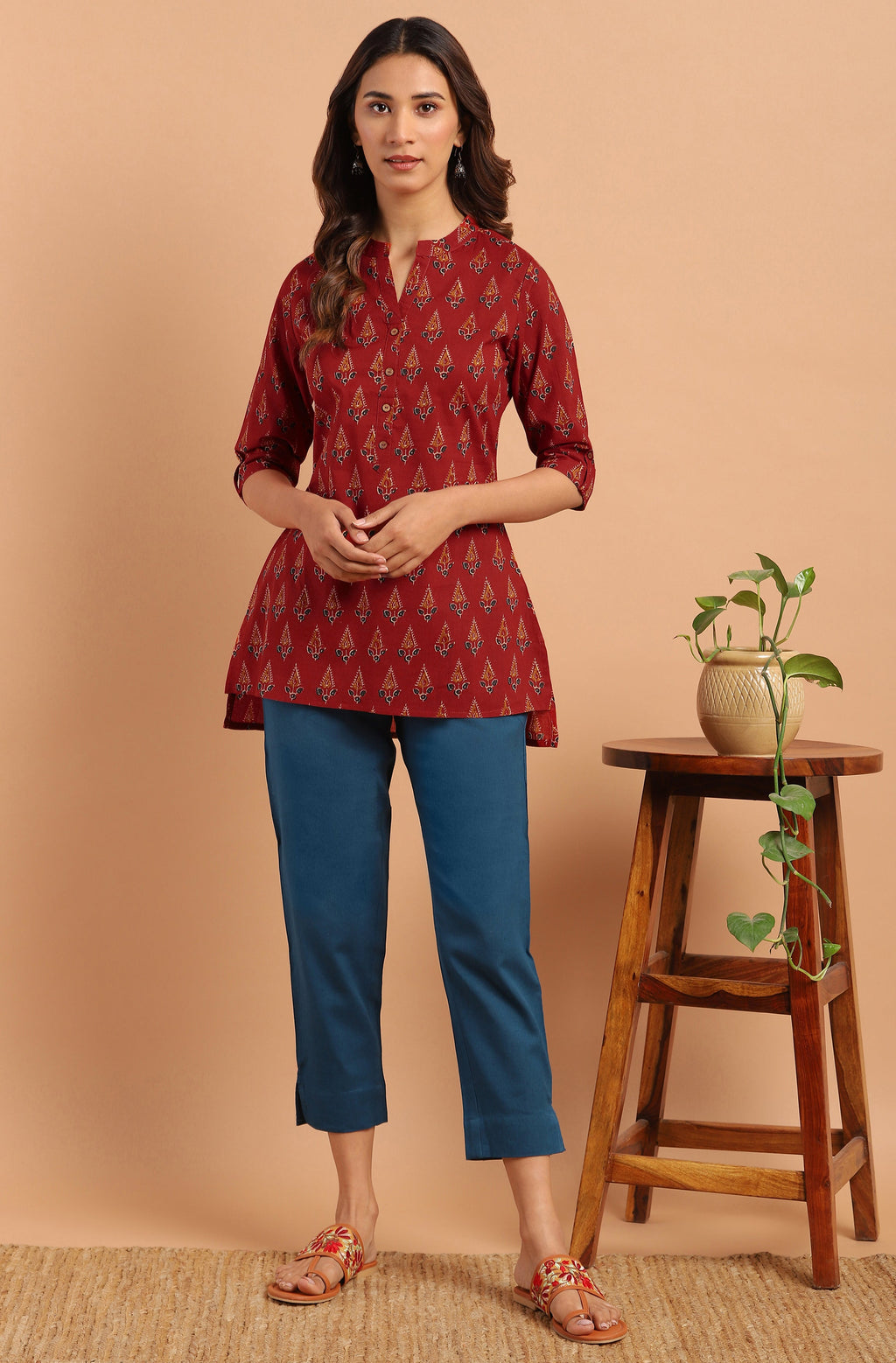 Janasya Women's Red Cotton Ethnic Motifs Straight Tunic | Grocsy