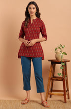 Janasya Women's Red Cotton Ethnic Motifs Straight Tunic | Grocsy