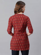 Janasya Women's Red Cotton Ethnic Motifs Straight Tunic | Grocsy