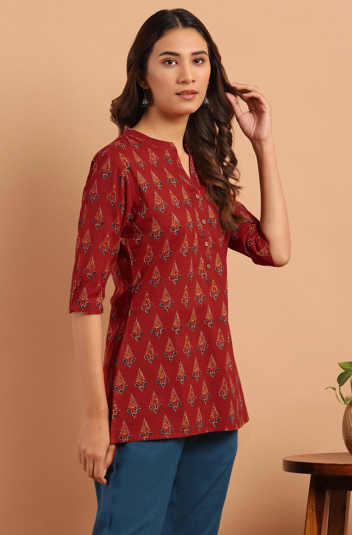 Janasya Women's Red Cotton Ethnic Motifs Straight Tunic | Grocsy