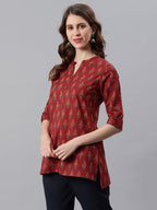 Janasya Women's Red Cotton Ethnic Motifs Straight Tunic | Grocsy