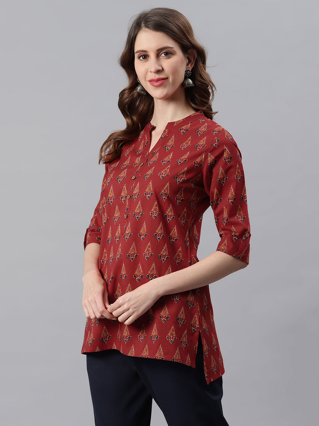Janasya Women's Red Cotton Ethnic Motifs Straight Tunic | Grocsy