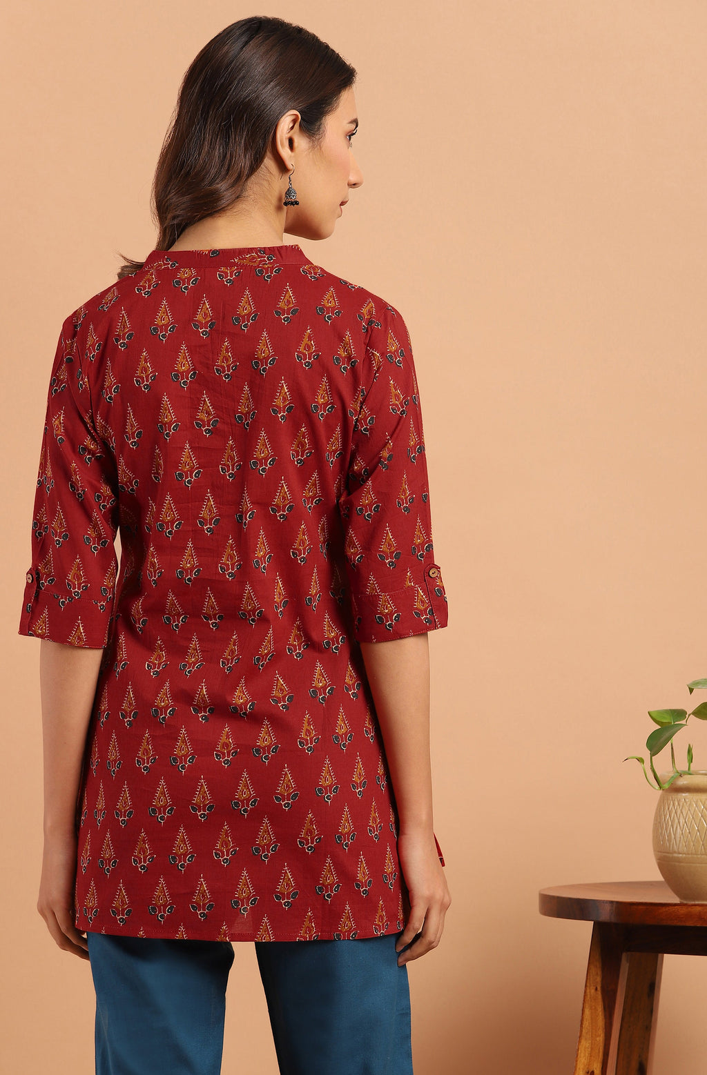 Janasya Women's Red Cotton Ethnic Motifs Straight Tunic | Grocsy