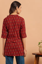 Janasya Women's Red Cotton Ethnic Motifs Straight Tunic | Grocsy