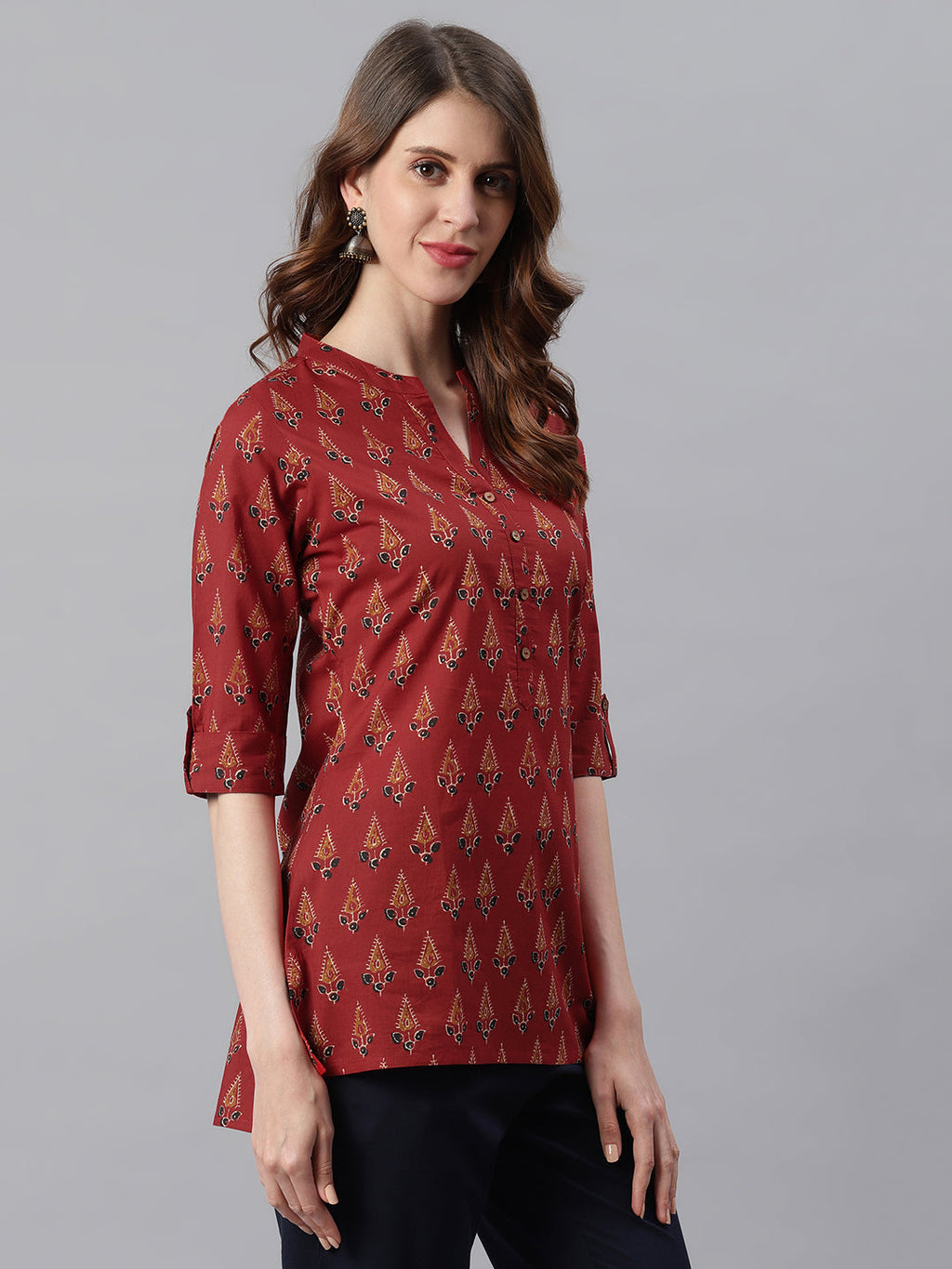 Janasya Women's Red Cotton Ethnic Motifs Straight Tunic | Grocsy