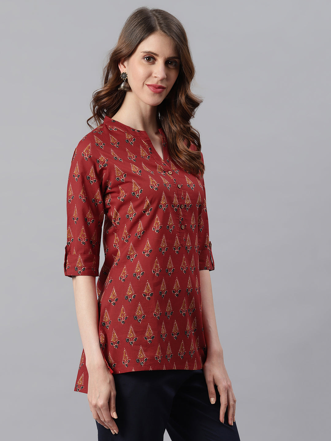 Janasya Women's Red Cotton Ethnic Motifs Straight Tunic | Grocsy