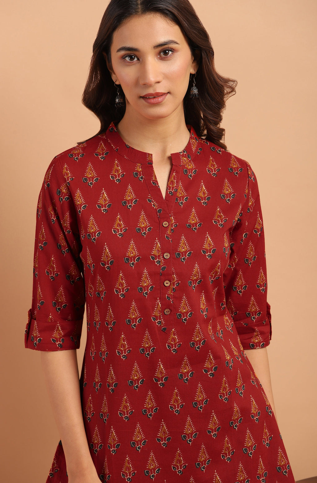 Janasya Women's Red Cotton Ethnic Motifs Straight Tunic | Grocsy