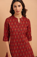 Janasya Women's Red Cotton Ethnic Motifs Straight Tunic | Grocsy
