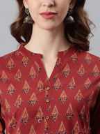Janasya Women's Red Cotton Ethnic Motifs Straight Tunic | Grocsy